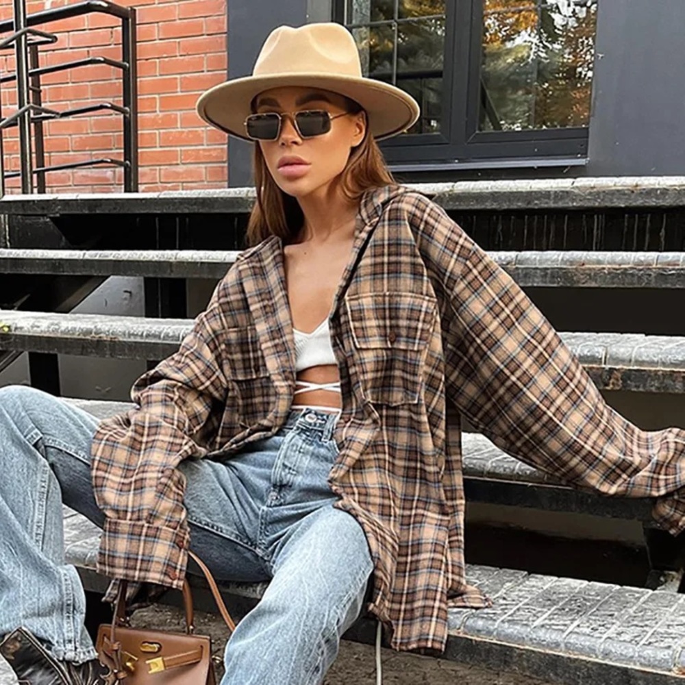#5 LAST 1! 90s Oversized brown Plaid Flannel button Influencer soft long sleeve - Picture 7 of 9